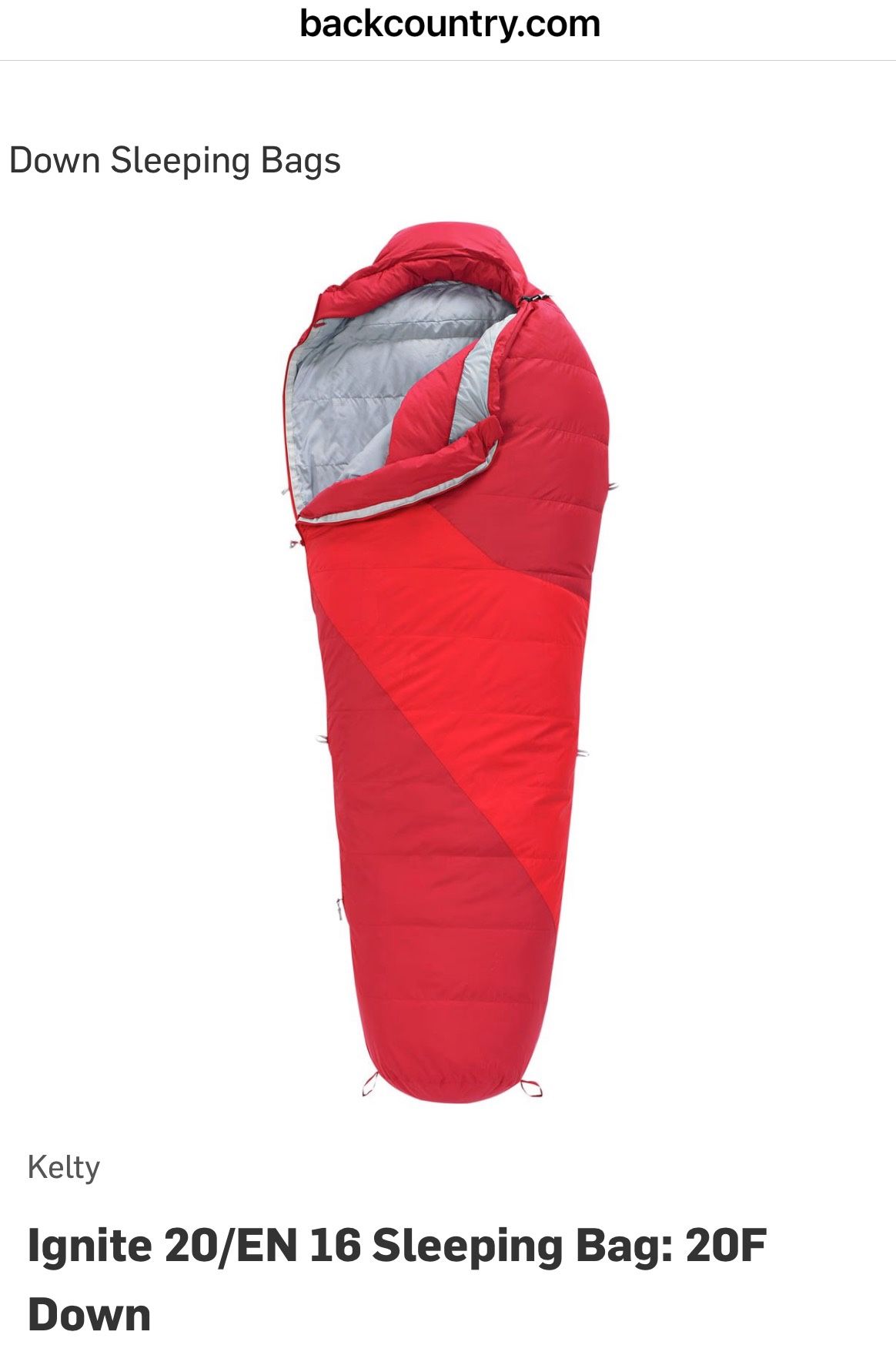 Kelty Ignite 20/EN 16 Sleeping Bag: 20F Down