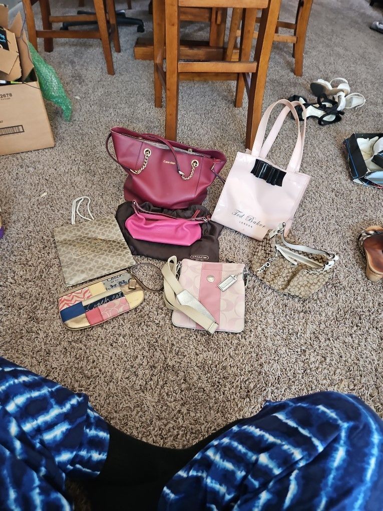 LOT: 4 Vintage Coach Purses, 1 Pair Coach Sandals, 1 Ted Baker London Bag, 1 Calvin Klein Red Purse
