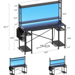 Huuger 55 inch Computer Desk with Adjustable Shelves, Gaming Desk with LED Lights & Power Outlets