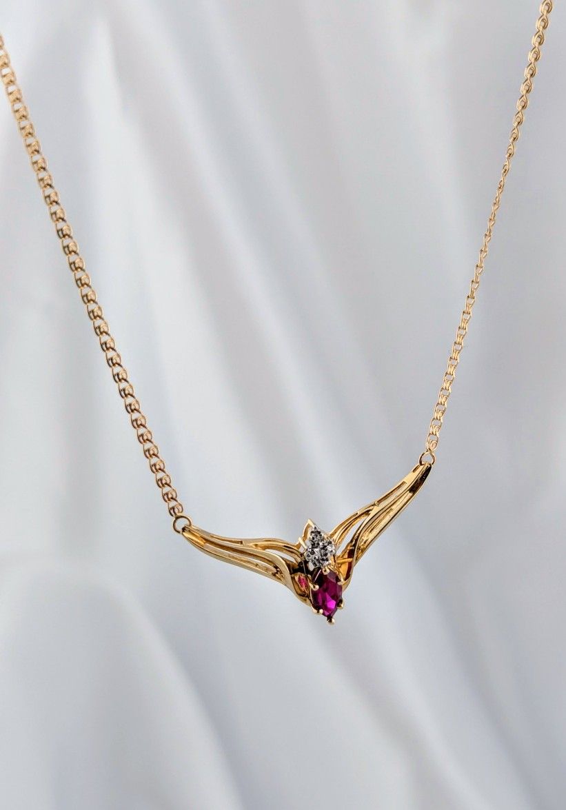 10 K Gold 1/2 CT Marquis Ruby & Round Diamond Accent Chevron Necklace