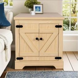 MINCETA End Tables with Charging Station,25" Farmhouse Wooden Sofa Side Table with Storage, Square Adjustable Shelf End Table for Living Room, Natural