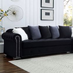 Brand New In Box Firm Price $1,380 Beautiful Button Tufted Black Velvet Sectional Pillows Included 
