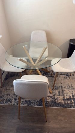 Round Glass Dining Table Set with 4 Upholstered Chairs