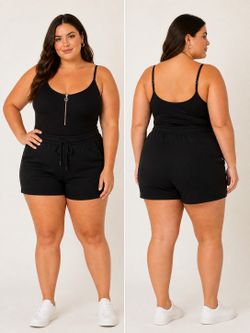 1XL Black Ribbed Zipper Bodysuit
