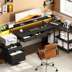 L Shaped Desk with 5 File Drawers, 75" Reversible L Shaped Computer Desk with Power Outlet & LED Strip, Office Desk with Storage Shelves, G