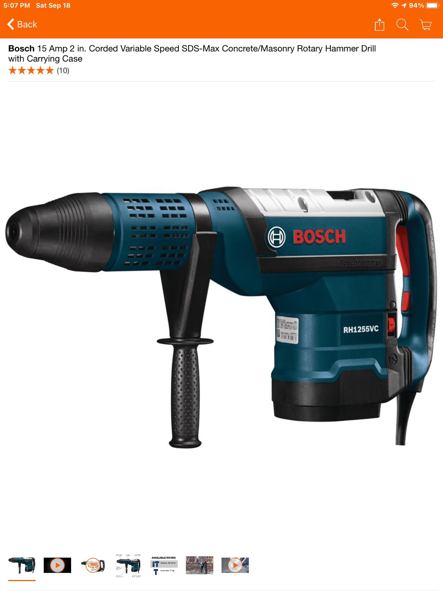 Bosch RH1255VC 15 Amp 2 in. Corded Variable Speed SDS-Max Concrete/Masonry Rotary Hammer Drill 