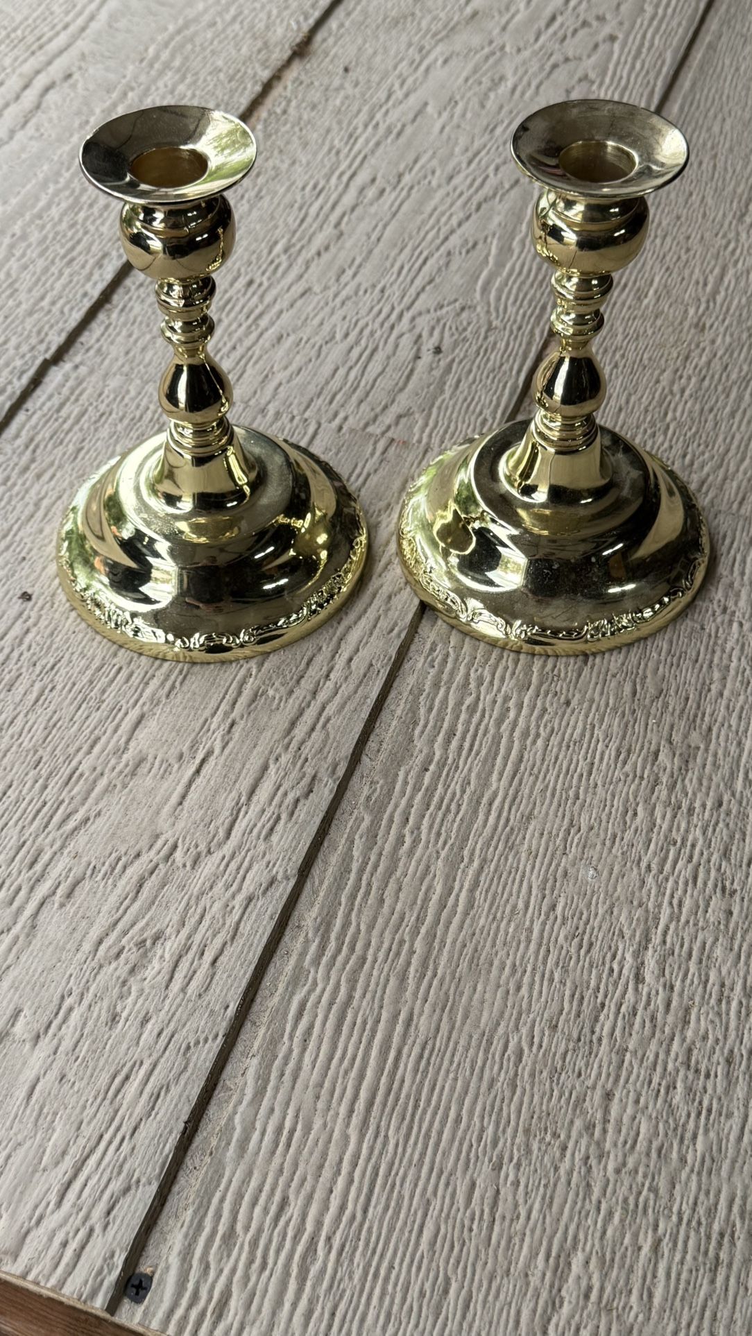 Set of 2 Brass Candlestick Holders with Design