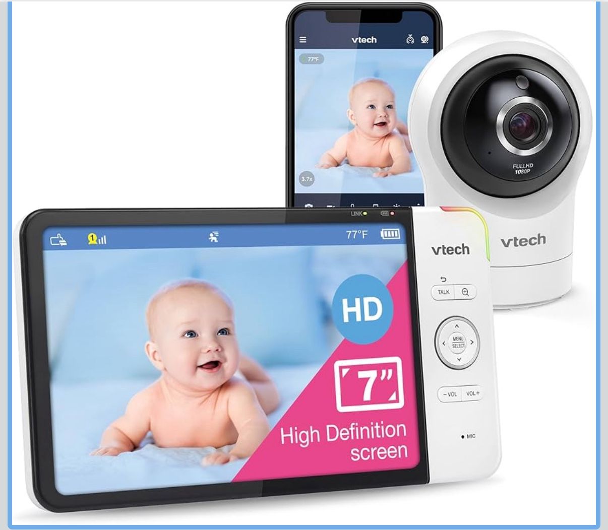 VTech RM7764HD 1080p WiFi Remote Access Baby Monitor, 360° Pan&Tilt, 7” 720p HD Display, HD Night Vision, Soothing Sounds, 2-Way Talk, Temperature Sen
