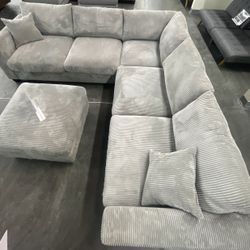 Grey Sofa Sectional - Soft Corduroy Fabric - Comes With Ottoman