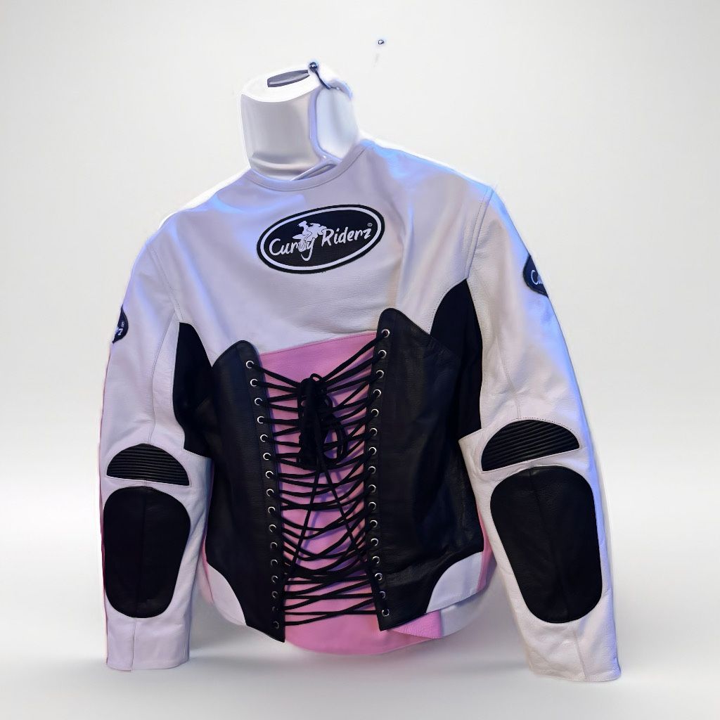 Curvy Riderz Corset Colorblock Leather Moto Jacket – Pink, Black & White, Size XL