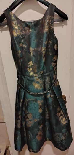 Teal and Gold Metallic Floral A-Line Dress with Belt