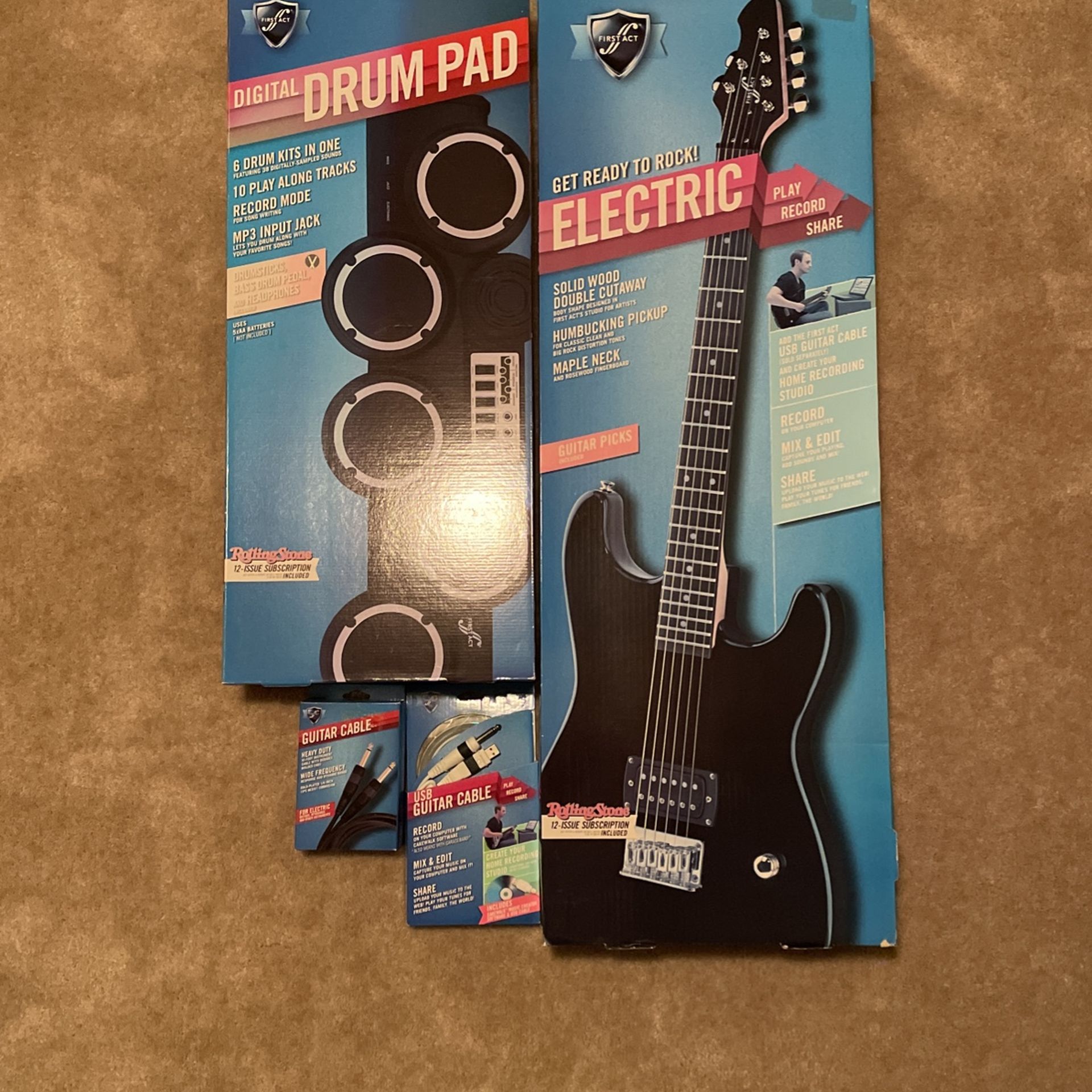 First Act Electric Guitar, First Act Digital Drum Pad, 2 Sets Of Guitar Cable (one with USB)