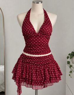 Red burgundy polka dot 2 piece set