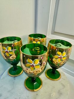 4 Bohemian Green and Gilt Hand Painted Enamel Wine Glass Goblets circa 1960
