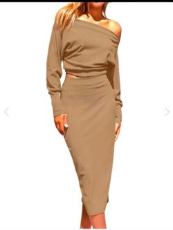 Chic Off-Shoulder Ribbed Knit Set Size M
