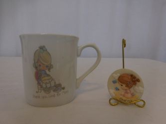 Precious Moments Plaque Charity On Stand 1 3/4" + Precious Moments Coffee Cup Mug Thank God For Mom / Mother 1985 Enesco