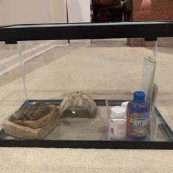 10 gallon reptile or fish tank, comes with bowls, accessories and food