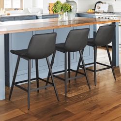 24” Counter Height Bar Stools Set of 3, Modern Faux Leather, for Home Kitchen, Black