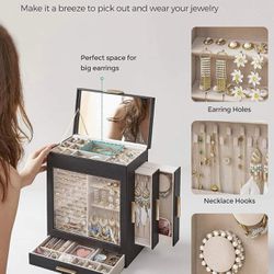 Jewelry Box with Glass Window, 5-Layer Jewelry Organizer with 3 Side Drawers, Jewelry Storage，Graphite Black and Gold