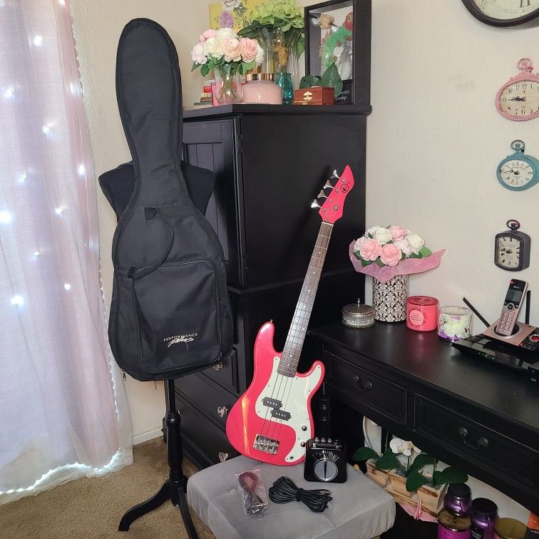 3/4 SIZE BASS GUITAR BY KAY FOR STUDENTS BEGINNERS WOMEN-HOT PINK-SUPER CUTE!