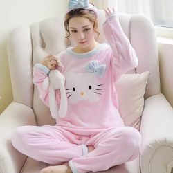 Hello Kitty Pajama Set 3 Pc Pink Plush Soft Pants Top Womens Clothing 