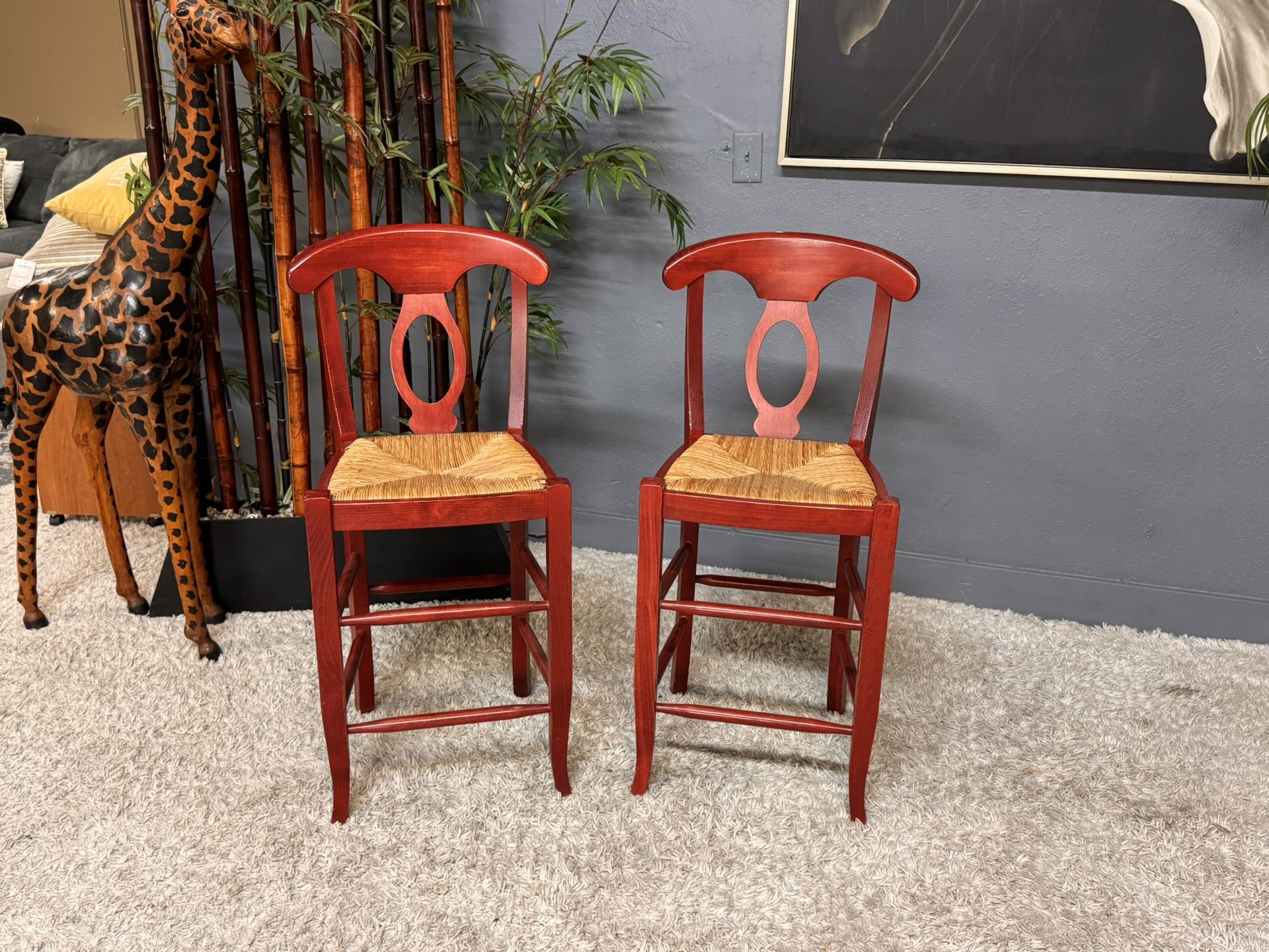 Nice Pair Of Red Wooden Barstools With Wicker Seats