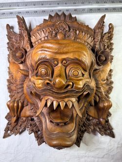 Vintage Balinese Boma Barong Wood Mask Signed SUBRATA Master Artisan 15" x 15"