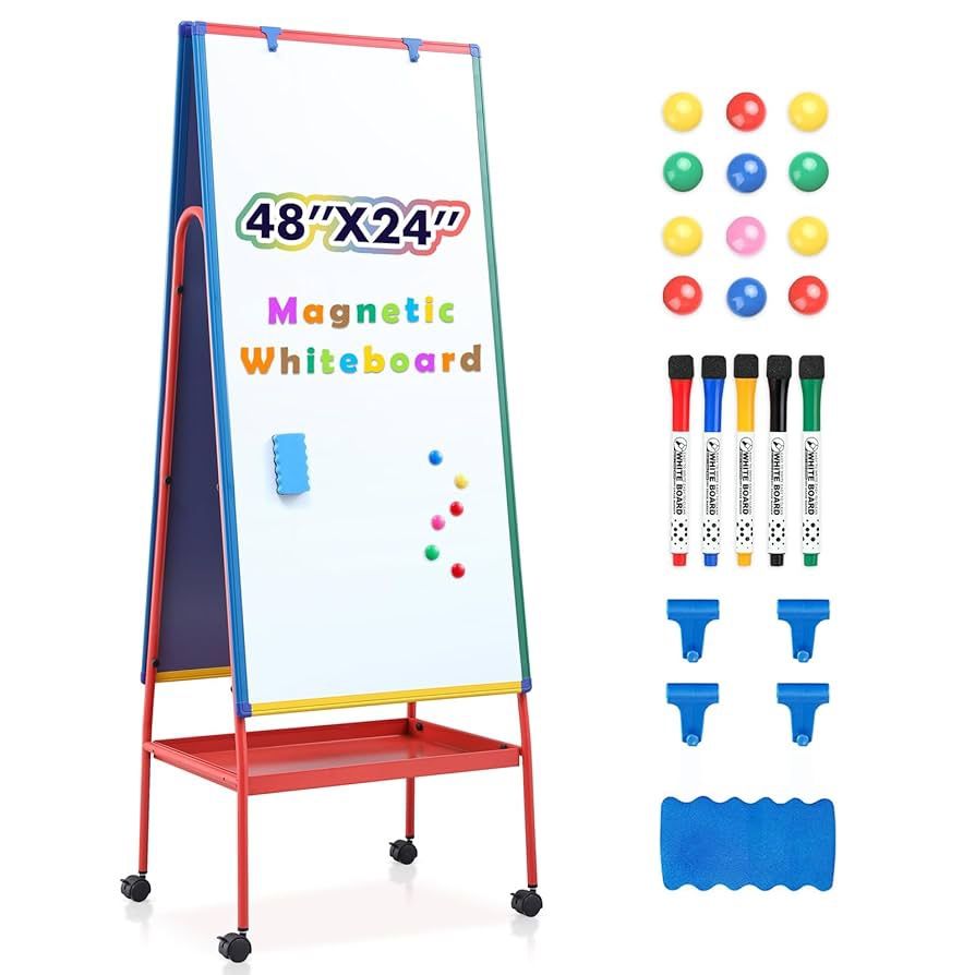 Mobile Dry Erase Board with Stand - 64.4" H Double Sided Portable Rolling Whiteboard Kids Easel for Classroom,Height Adjustable Magnetic White Board o