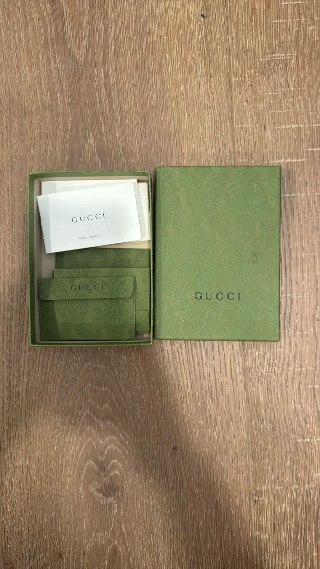 Gucci Box, Gucci Gift Card Holder, And Gucci Information Cards