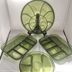 Vintage Indiana Avocado Green Glass Divided Serving Platters