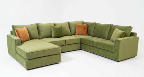 Custom sectional sofa in green fabric