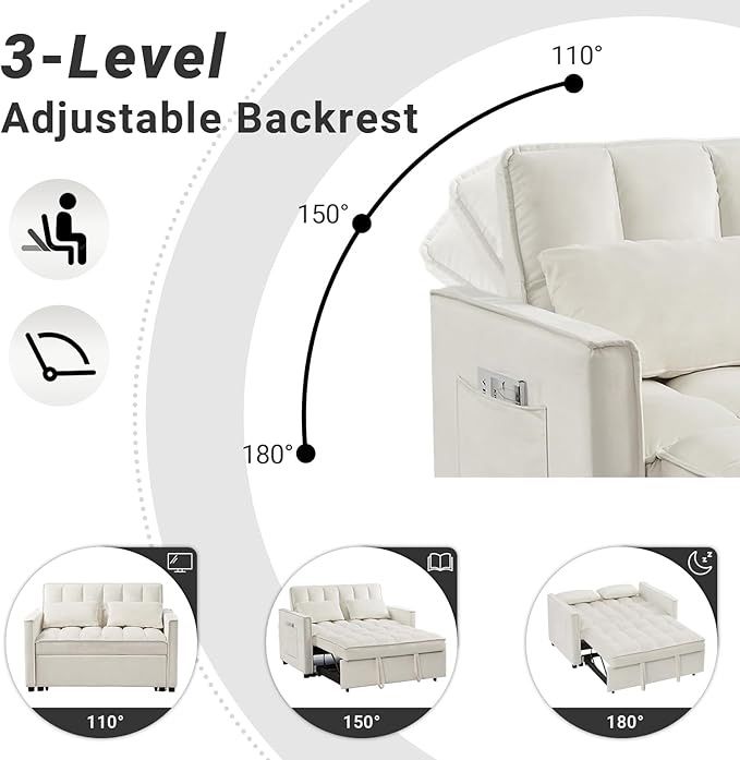 3 in 1 Convertible Sleeper Sofa Bed Velvet Pull out Futon Sofa White