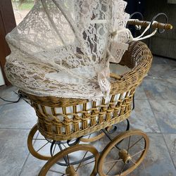 Vintage Wicker Baby Doll Carriage Metal Frame