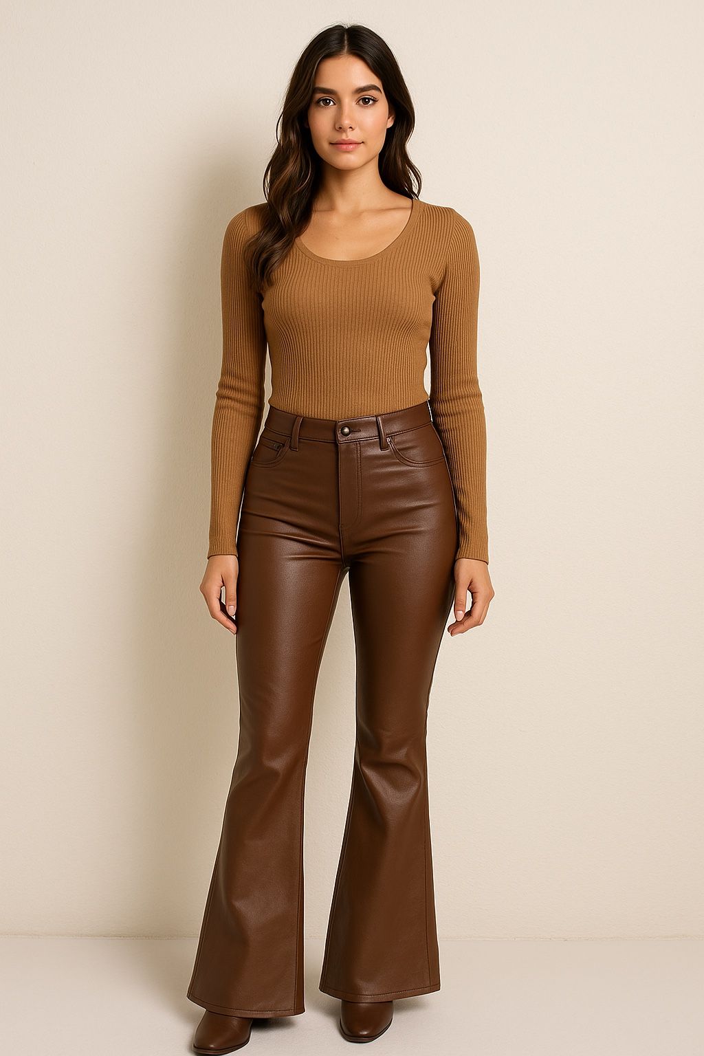 Turn heads in our Cocoa Leather Brown Flare Pants! 