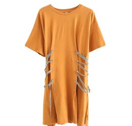 round neck solid color black rope bandage ribbon black khaki dress women fashion tide