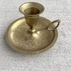 Vintage Small Brass Chamberstick Candle Holder with Handle – Made in India, Etched Floral