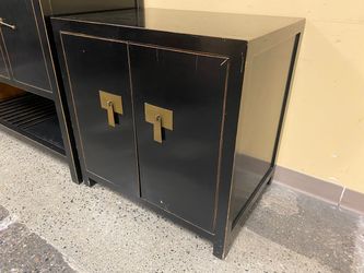 Asian-Inspired Black Lacquer Small Credenza w/ Brass Accents