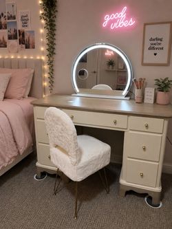 Vanity with mirror and stool