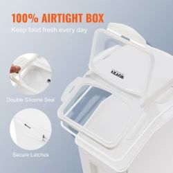 Ingredient Storage Bin, 2 x 15L Dispenser Bin with 2 Measuring Cups, Attachable Casters and Airtight Lid, 2 Pcs/Set Dog Pet Food Storage Container, PP