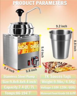 Nacho Cheese Dispenser, 7.4Qt Nacho Cheese Warmer with Stainless Steel Pump, Hot Fudge Warmer W/6-Level Temperature Adjustment, Commercial Sauce Dispe
