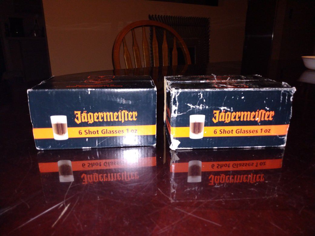 Jagermeister Shot Glasses 12 Total Each 1ounce. 2 Boxes With 6 In Each. One Box Is Unopened The Other Is Open And Never Used.