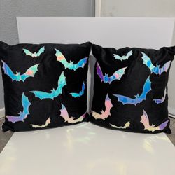 Set of 2 Black Velvet Iridescent Holographic Bat Throw Pillows Gothic Halloween