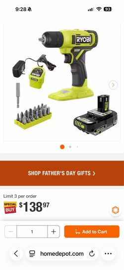 RYOBIONE+ 18V Cordless 3/​8 in.​ Drill/​Driver Kit with (1)​ 2.​0 Ah Battery, Cha