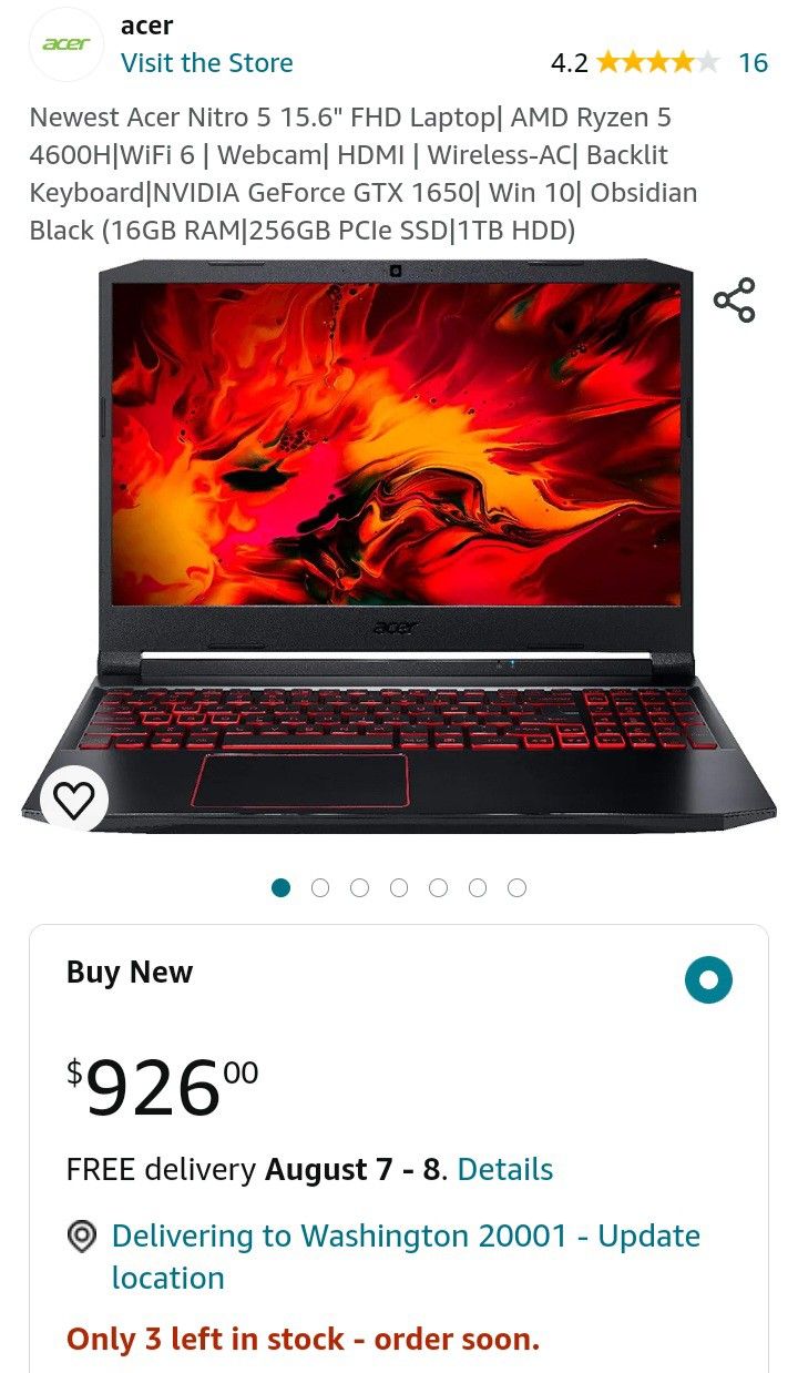 Acer Nitro 16 Inch Gaming Laptop AMD Ryzen 4600h 16 GB RAM 512 GB