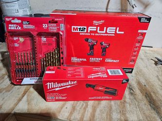 Milwaukee M12 FUEL Combo Kit, M12 3/8" Ratchet, and 23pc Red Helix Drill Bit Set