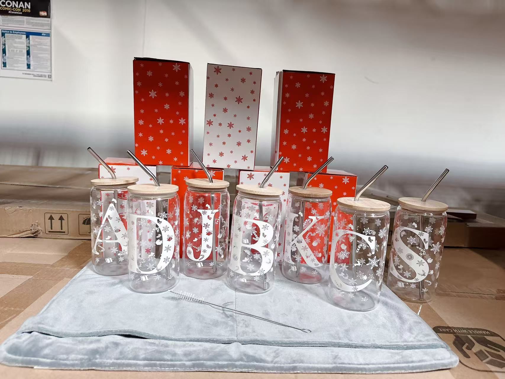 16oz Initial Glass Cups with Lid and Straw