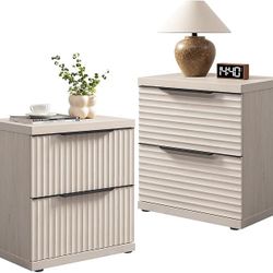 Fluted Night Stand Set 2 - Modern Nightstand with 2 Large Drawers, 22 Inch Wide Bedside Table for Bedroom, Mid Century Bed Side Tables Bedroom, White 