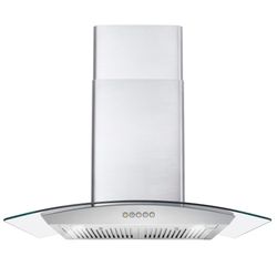 New Open box 30" Stainless Steel Wall Mount Range Hood with Push Button Controls, Glass Visor