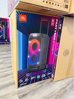 Awesome JBL PartyBox Stage 320 speaker. New in box, never opened. Has powerful bass boost and futuristic lightshow. Splashproof design with telescopic