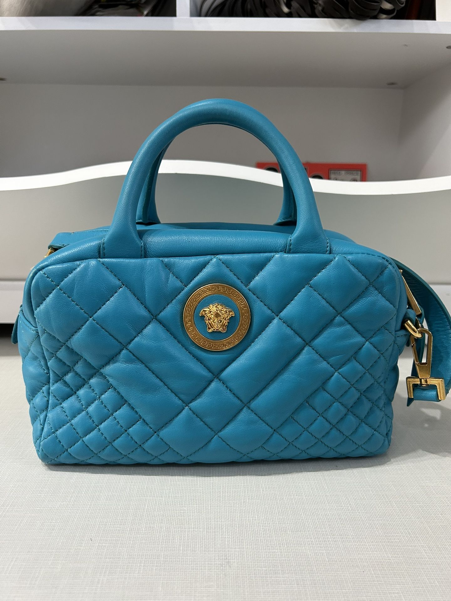 VINTAGE VERSACE MADE IN ITALY GOLD LOGO BLUE PLUSH LEATHER TOP HANDLE CROSS BODY